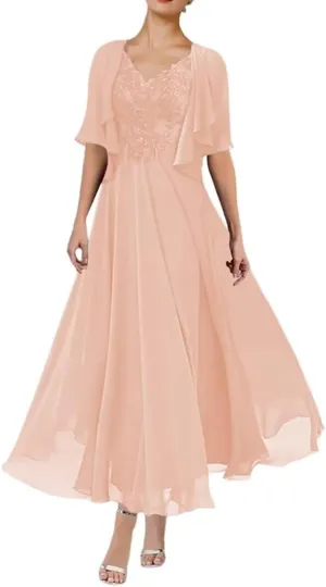 2 Piece Mother of The Bride Dresses for Wedding Tea Length 1/2 Sleeves Formal Dress for Women 2024 with Jacket