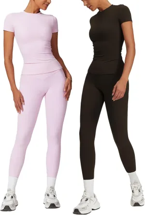 2 Piece Seamless Workout Sets Short Sleeve Yoga Tee Yoga Pants Sets Pad for Gym Running Workout Yoga Sets(Pink Coffee Color,Small)