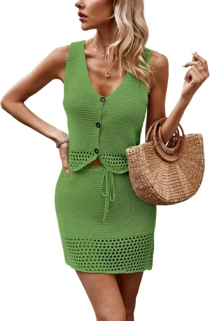 2 Piece Sets for Women Summer Crochet Hollow Out Knitted Skirt V Neck Crop Top Vest Vacation Cruise Outfits