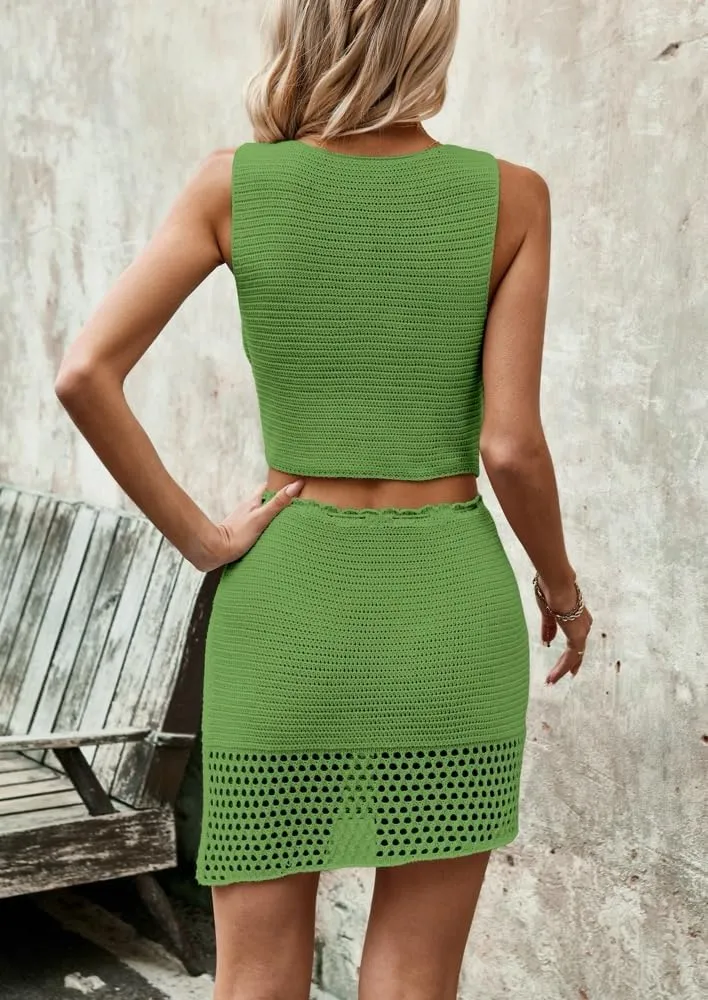 2 Piece Sets for Women Summer Crochet Hollow Out Knitted Skirt V Neck Crop Top Vest Vacation Cruise Outfits