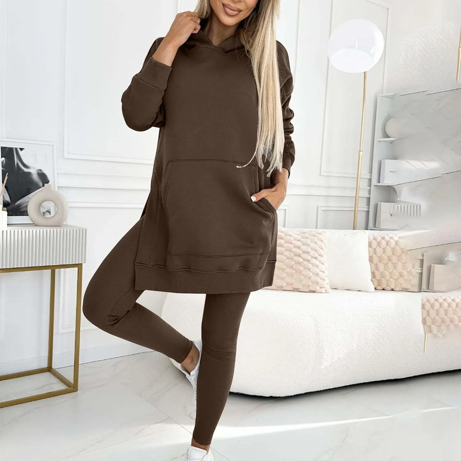 2 Piece Sweatsuits Set for Women Fall Winter Clothes Lounge Set Oversized Side Slit Long Hoodie Pullover and Leggings