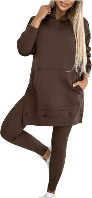 2 Piece Sweatsuits Set for Women Fall Winter Clothes Lounge Set Oversized Side Slit Long Hoodie Pullover and Leggings