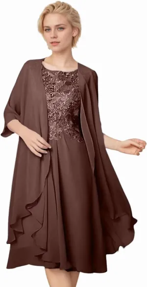 2 Pieces Mother of The Bride Dresses for Wedding 1/2 Sleeves Chiffon Lace Knee Length Formal Outfits for Women