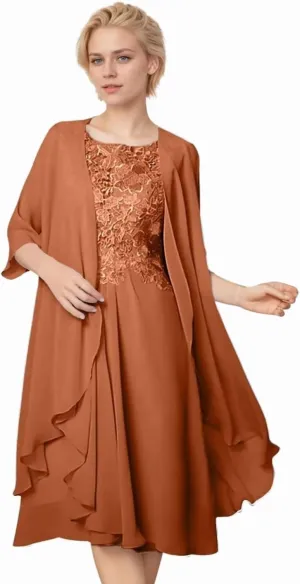2 Pieces Mother of The Bride Dresses for Wedding 1/2 Sleeves Chiffon Lace Knee Length Formal Outfits for Women