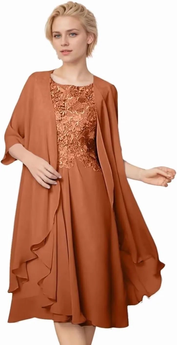 2 Pieces Mother of The Bride Dresses for Wedding 1/2 Sleeves Chiffon Lace Knee Length Formal Outfits for Women