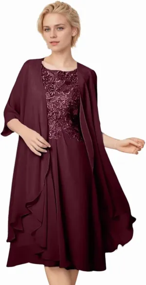 2 Pieces Mother of The Bride Dresses for Wedding 1/2 Sleeves Chiffon Lace Knee Length Formal Outfits for Women