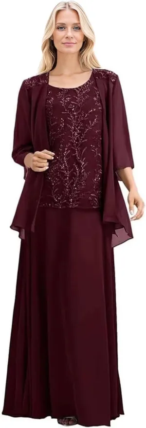 2 Pieces Mother of The Bride Dresses for Wedding 3/4 Long Sleeves Chiffon Formal Dress for Women 2025