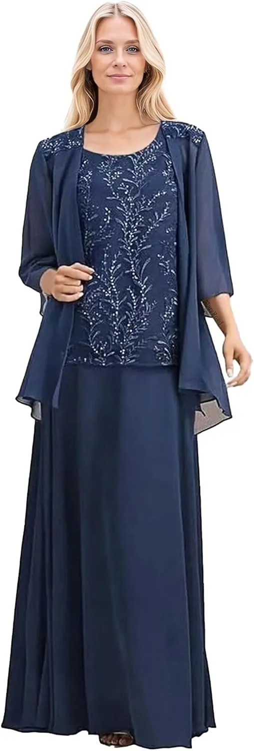 2 Pieces Mother of The Bride Dresses for Wedding 3/4 Long Sleeves Chiffon Formal Dress for Women 2025