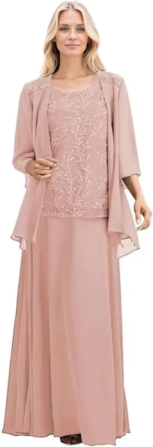 2 Pieces Mother of The Bride Dresses for Wedding 3/4 Long Sleeves Chiffon Formal Dress for Women 2025