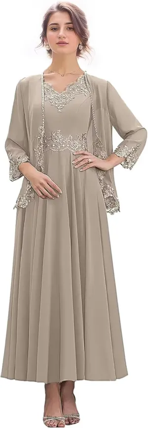 2 Pieces Mother of The Bride Dresses for Wedding 3/4 Sleeves Chiffon Long Formal Dress for Women 2025 Elegant
