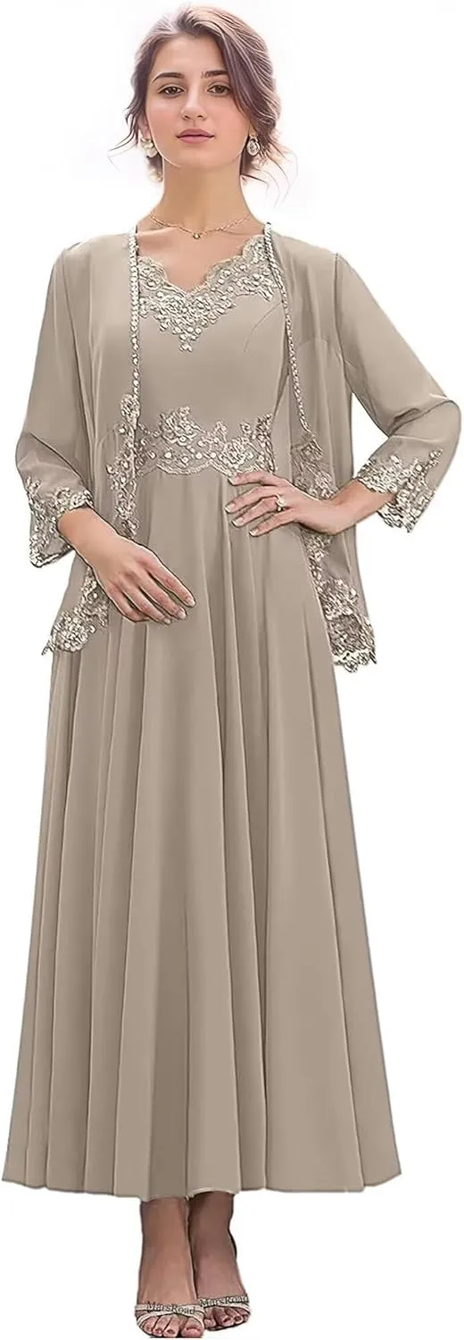 2 Pieces Mother of The Bride Dresses for Wedding 3/4 Sleeves Chiffon Long Formal Dress for Women 2025 Elegant
