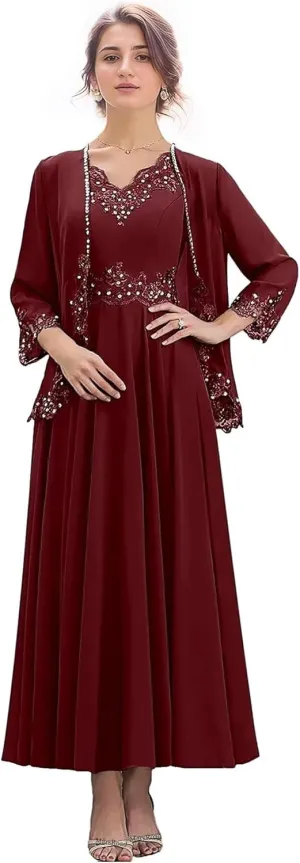 2 Pieces Mother of The Bride Dresses for Wedding 3/4 Sleeves Chiffon Long Formal Dress for Women 2025 Elegant