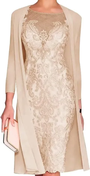 2 Pieces Mother of The Bride Dresses for Wedding with Jackets Long Sleeves Chiffon Lace Formal Outfits