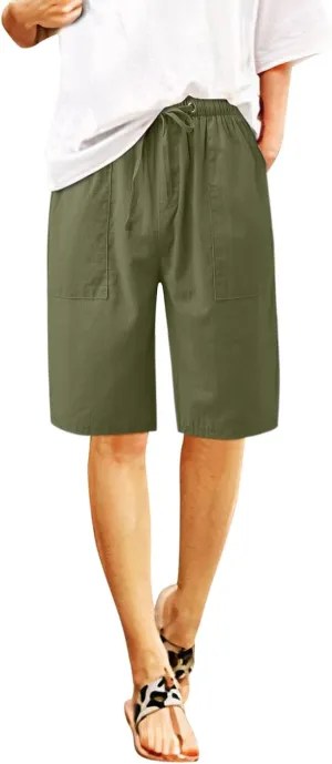2024 Women's Drawstring Waist Shorts Summer Casual Short Length Pants Solid Straight Legs All-Match Walking Cycling Shorts