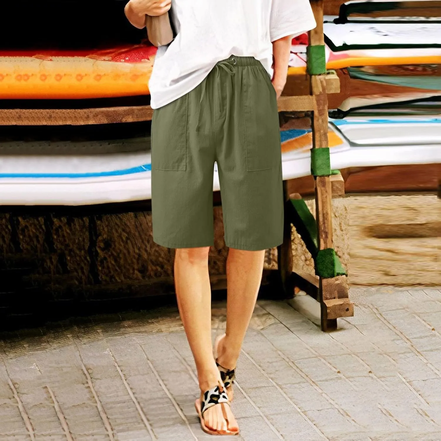 2024 Women's Drawstring Waist Shorts Summer Casual Short Length Pants Solid Straight Legs All-Match Walking Cycling Shorts