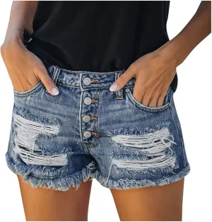 2024 Women's Jean Shorts Casual High Waisted Ripped Elastic Denim Cuffed Hem Shorts Summer Trendy Hole Short Pants Female
