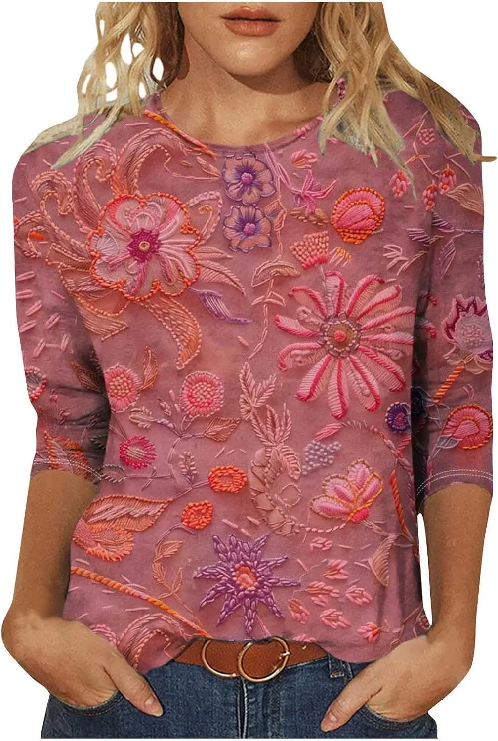 3/4 Length Sleeve Womens Tops Round Neck Trendy Casual Blouses Loose Fit Floral T-Shirt Shirts