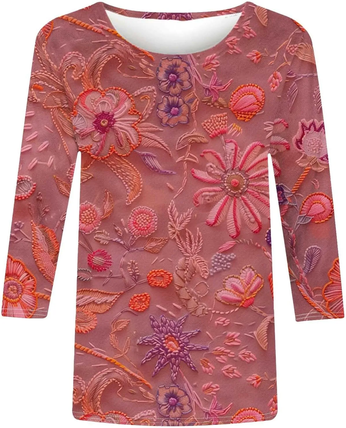 3/4 Length Sleeve Womens Tops Round Neck Trendy Casual Blouses Loose Fit Floral T-Shirt Shirts