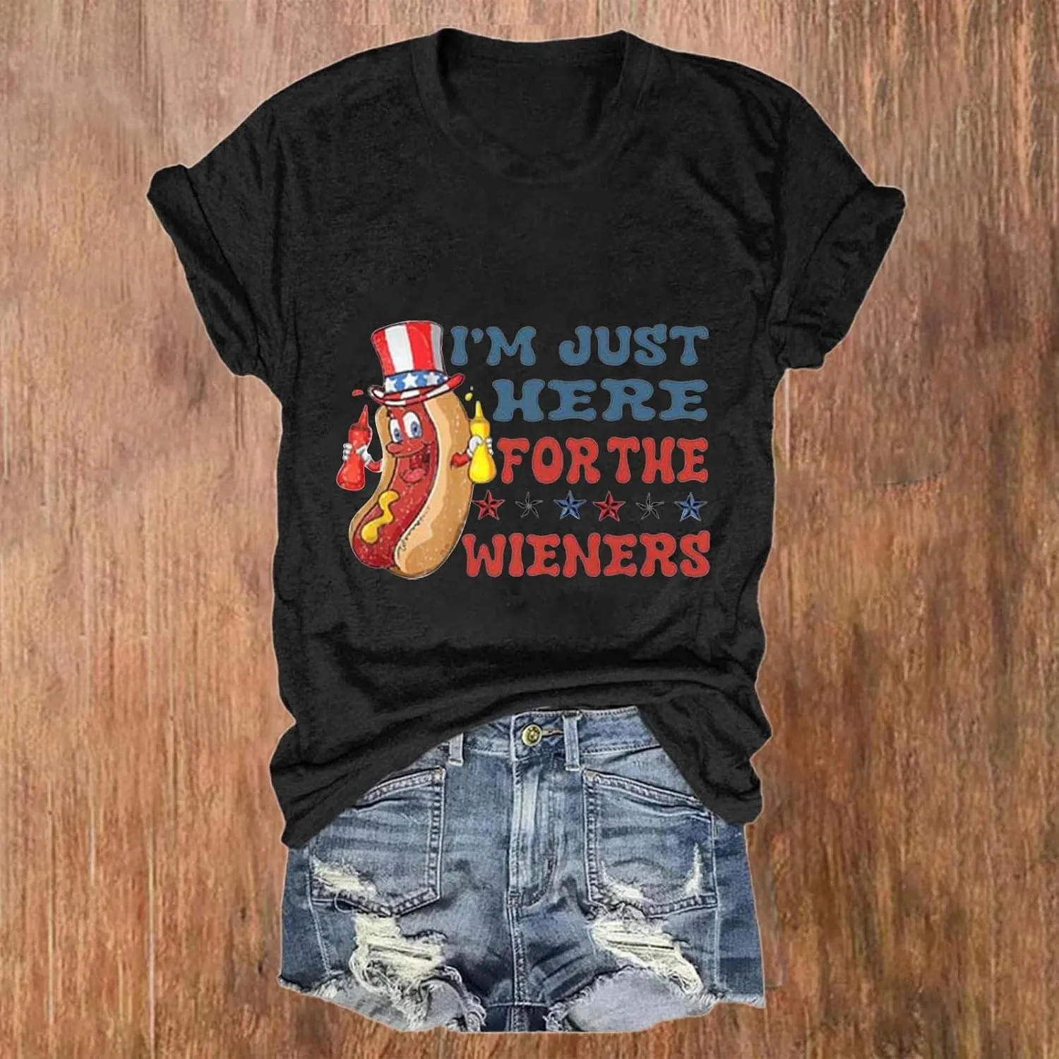 4th of July Shirts for Women 2025 Cute Hot Dog Graphic Short Sleeve Tee Casual American Flag Patriotic Plus Size Tops