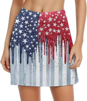 4th of July Skorts for Women Athletic Breathable 2 in 1 Tennis Skirt Shorts Workout High Waisted Stretch Flowy Shorts