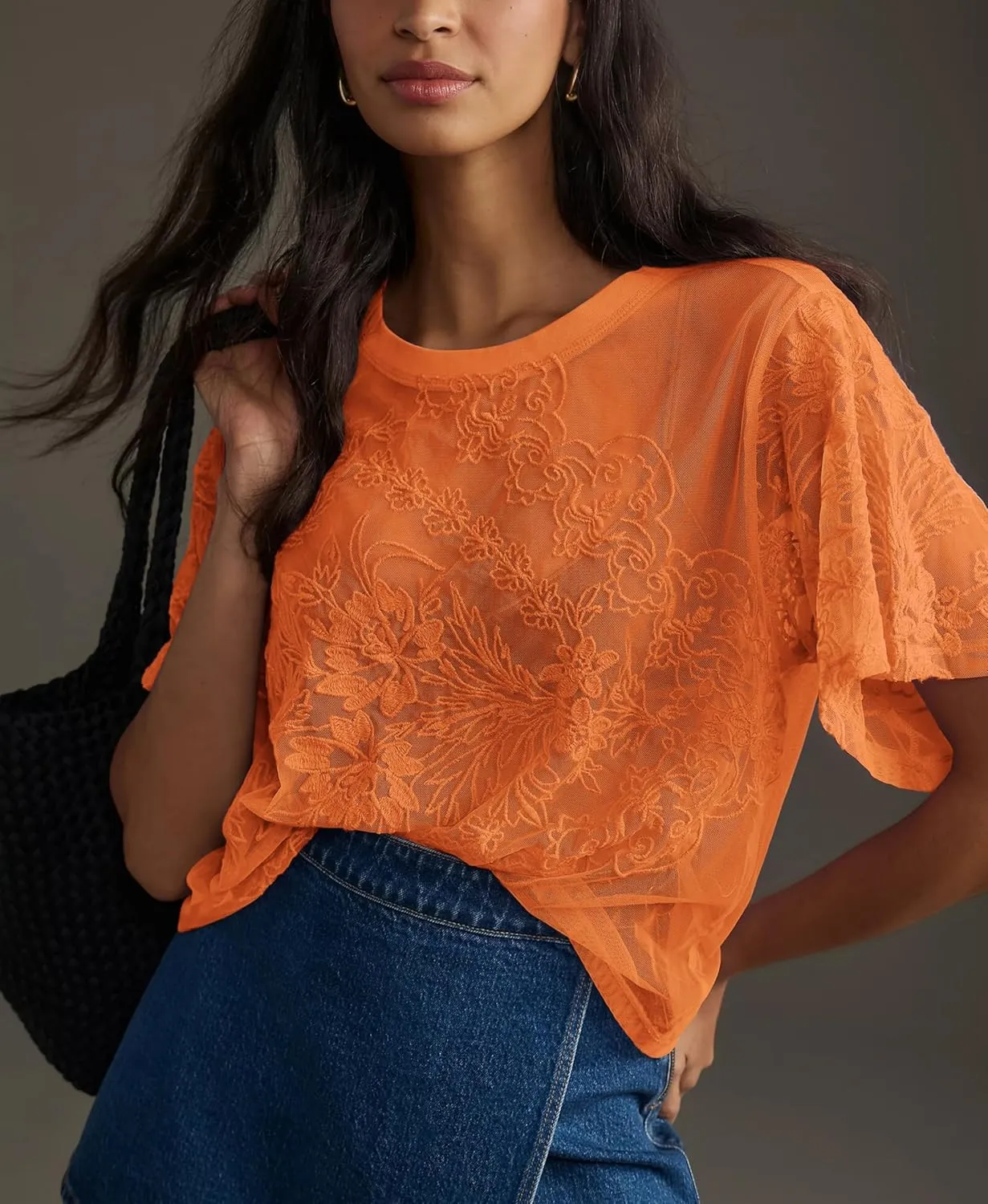 Aimiray Women's Sexy Mesh Tops Short Sleeve Round Neck Lace 3D Printed Floral Sheer Blouse See Through Layering Shirt Tops