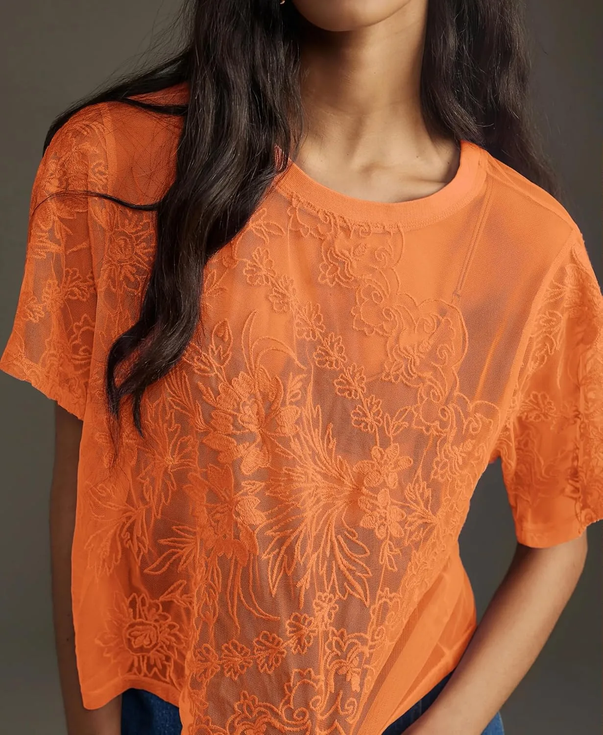 Aimiray Women's Sexy Mesh Tops Short Sleeve Round Neck Lace 3D Printed Floral Sheer Blouse See Through Layering Shirt Tops