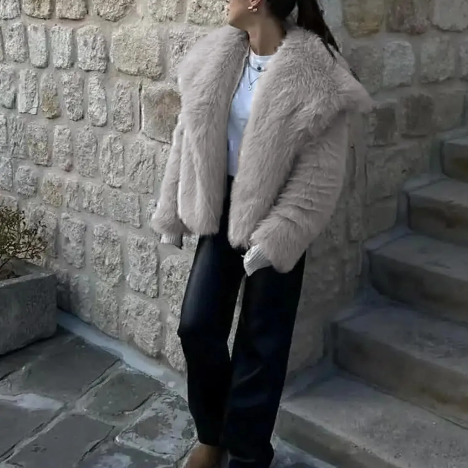 Ainangua Womens Faux Fur Coat Shaggy Oversized Lapel Button Fuzzy Ladies Jackets Warm Winter Outfits