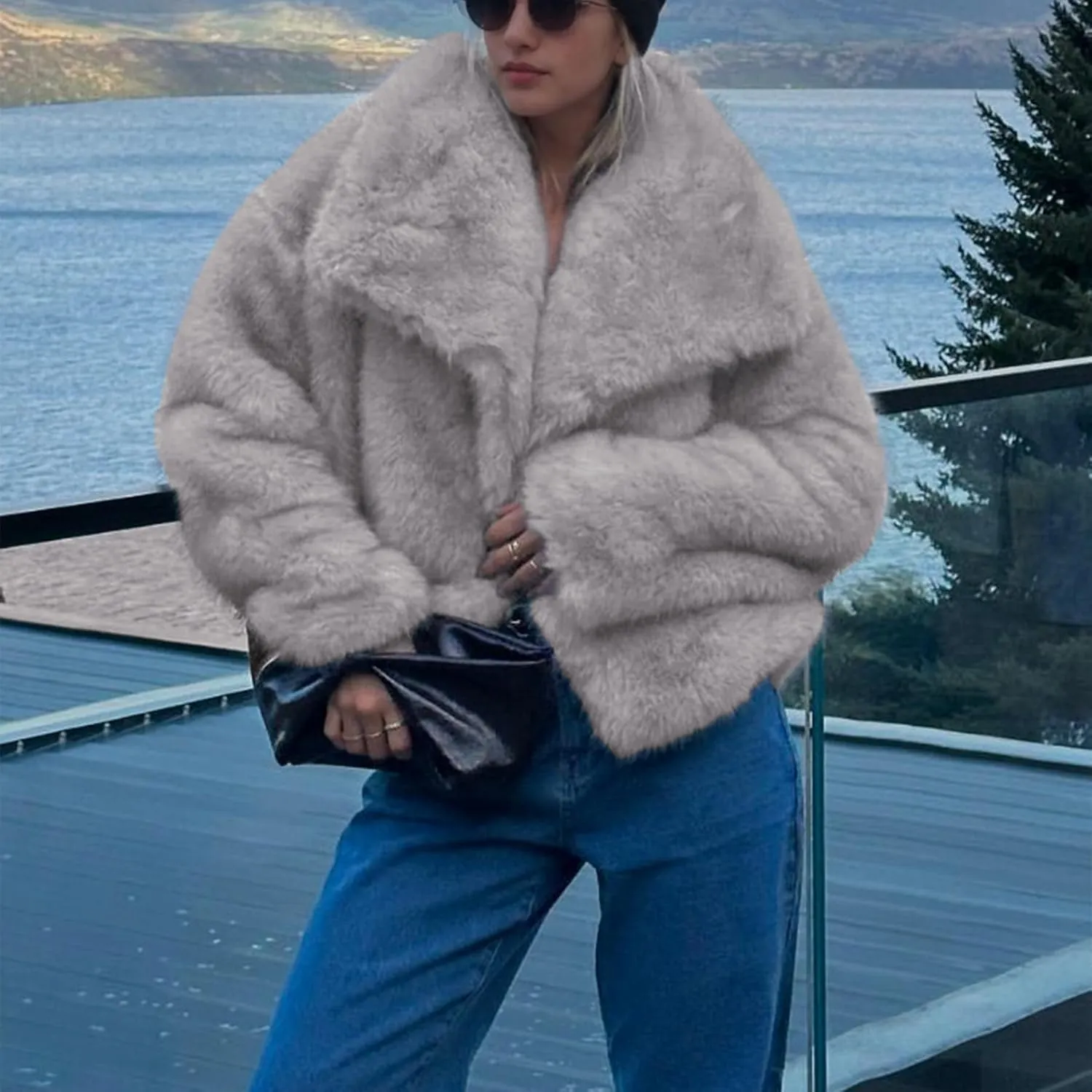 Ainangua Womens Faux Fur Coat Shaggy Oversized Lapel Button Fuzzy Ladies Jackets Warm Winter Outfits