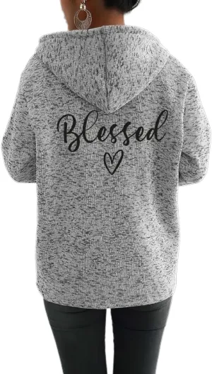Akivide Womens Blessed Jesus Cross Zip Up Hoodie Oversized Long Sleeve Drawstring Sweater Jacket Christian Hoodies