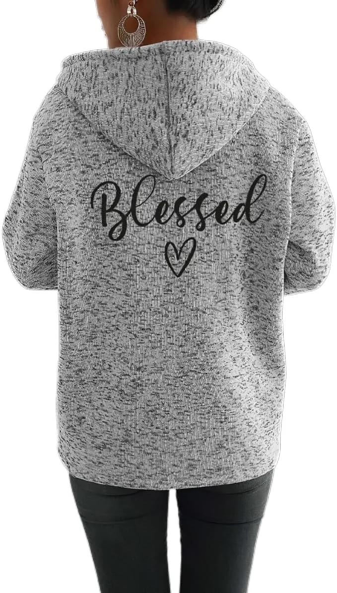 Akivide Womens Blessed Jesus Cross Zip Up Hoodie Oversized Long Sleeve Drawstring Sweater Jacket Christian Hoodies