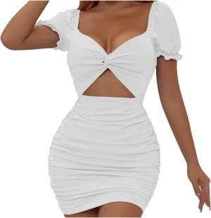 Akklian Women's 2024 Ruffle Puff Sleeve Summer Dress Cut Out Twist Bodycon Ruched Mini Club Party Dresses Sexy Cocktail Dress