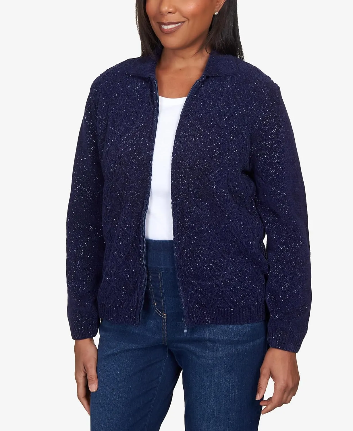 Alfred Dunner Womens Petites Zipper Cardigan Sweater