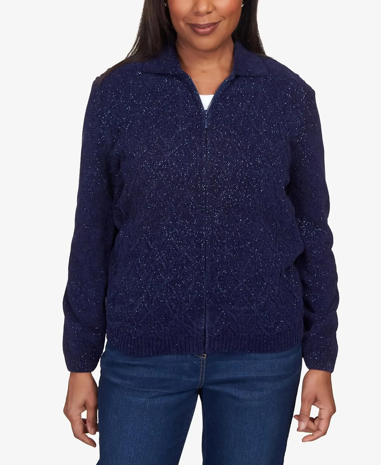 Alfred Dunner Womens Petites Zipper Cardigan Sweater