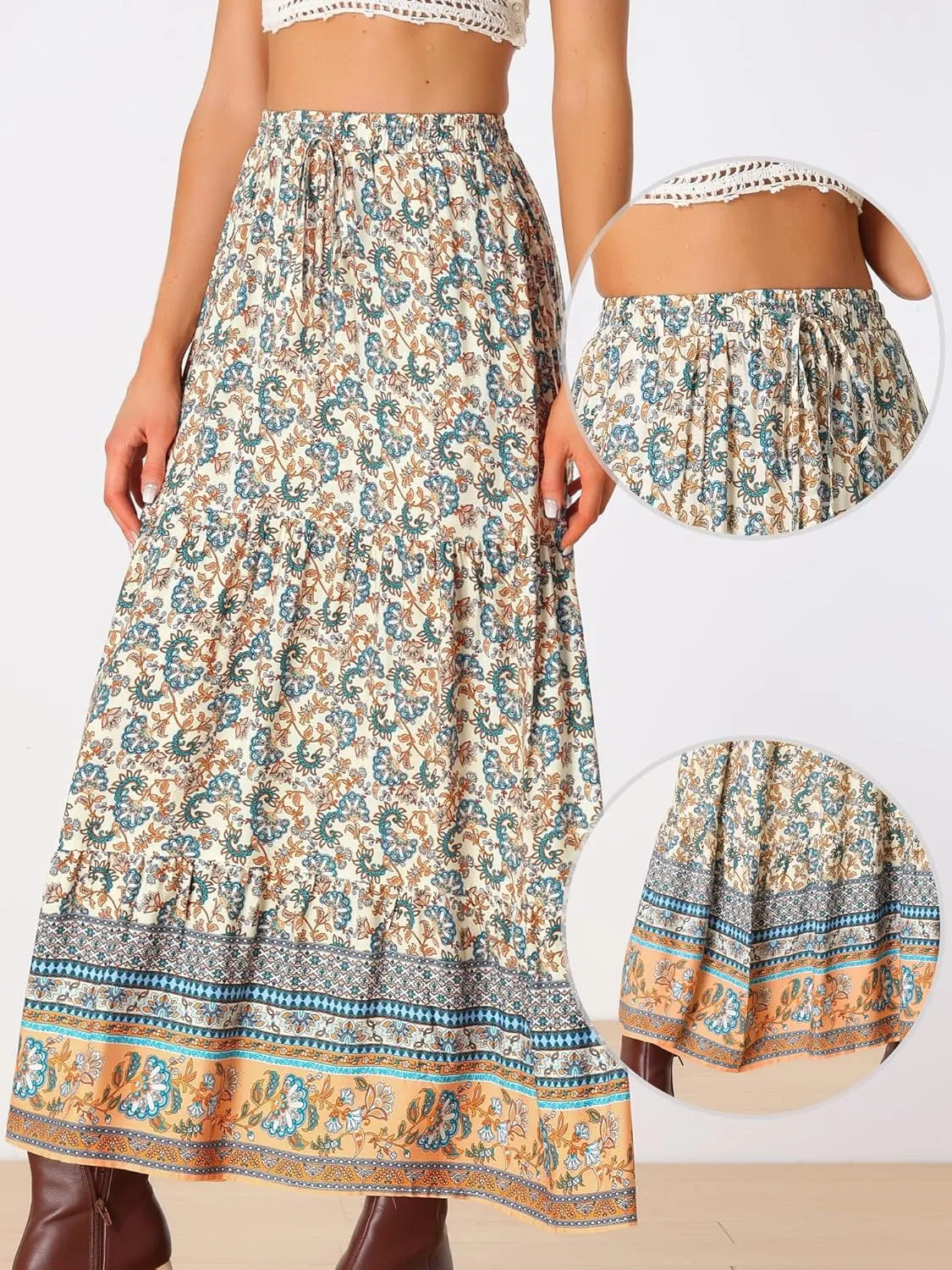 Allegra K Boho Skirt for Women's Flare Bohemian Floral Elastic Waist Flowy A-Line Vintage Casual Maxi Skirt