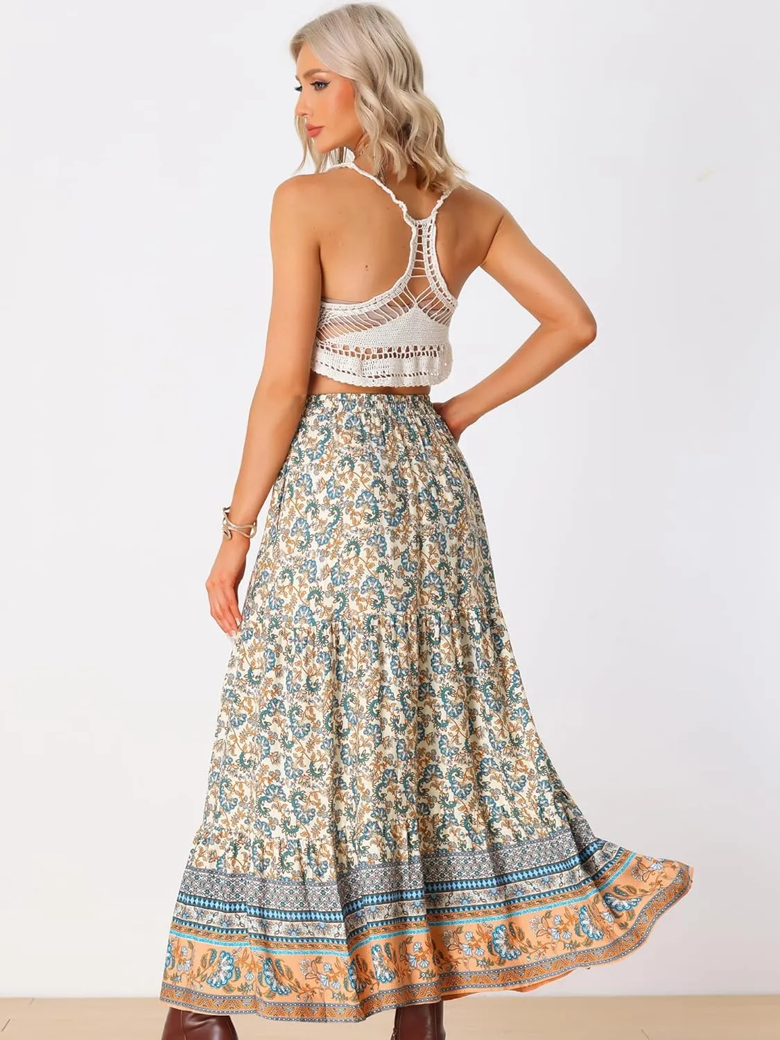 Allegra K Boho Skirt for Women's Flare Bohemian Floral Elastic Waist Flowy A-Line Vintage Casual Maxi Skirt