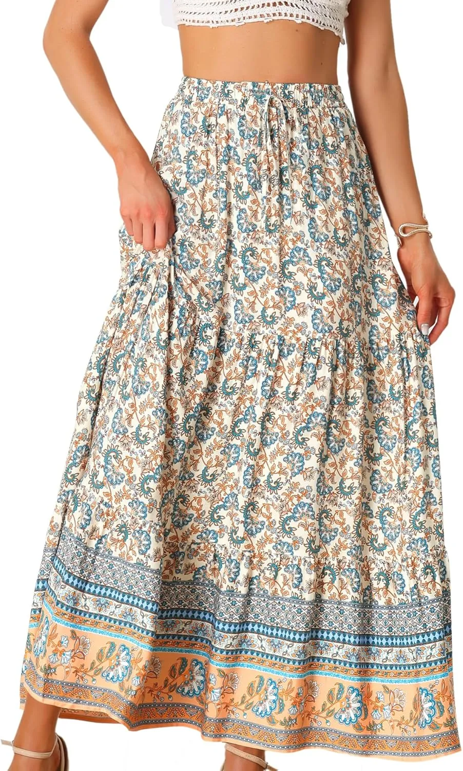 Allegra K Boho Skirt for Women's Flare Bohemian Floral Elastic Waist Flowy A-Line Vintage Casual Maxi Skirt