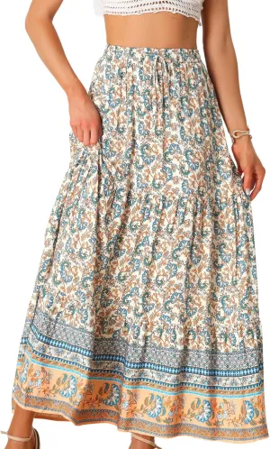 Allegra K Boho Skirt for Women's Flare Bohemian Floral Elastic Waist Flowy A-Line Vintage Casual Maxi Skirt