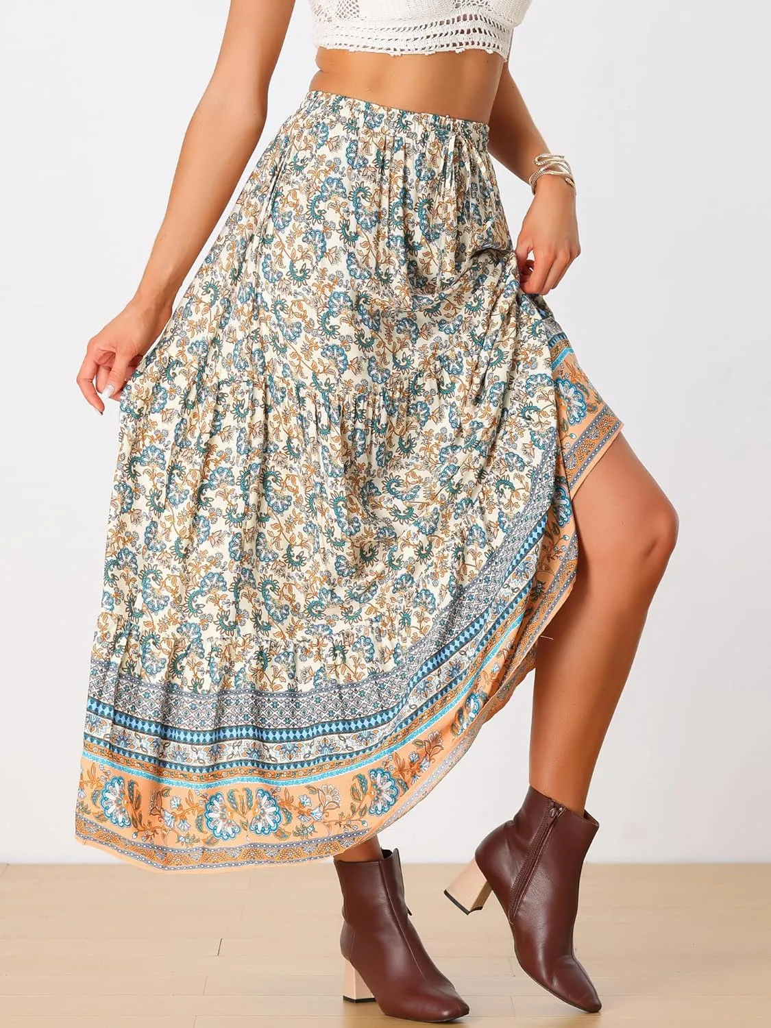Allegra K Boho Skirt for Women's Flare Bohemian Floral Elastic Waist Flowy A-Line Vintage Casual Maxi Skirt