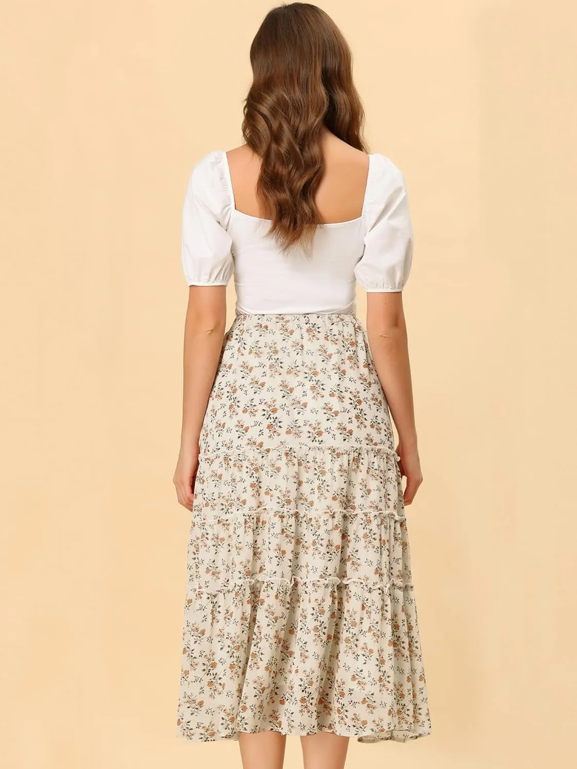 Allegra K Women's Floral Skirts Chiffon A-line Long Tiered Ruffle Boho Midi Skirt XS-3XL