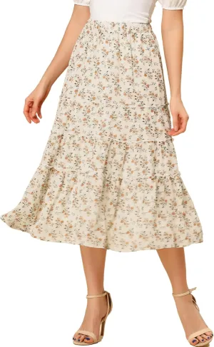 Allegra K Women's Floral Skirts Chiffon A-line Long Tiered Ruffle Boho Midi Skirt XS-3XL