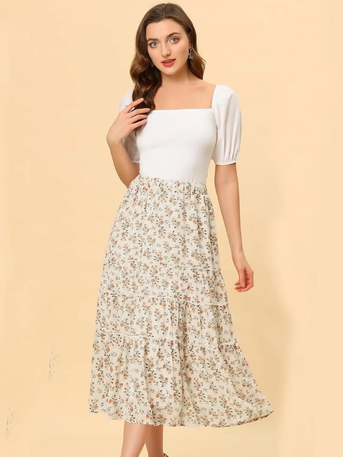 Allegra K Women's Floral Skirts Chiffon A-line Long Tiered Ruffle Boho Midi Skirt XS-3XL