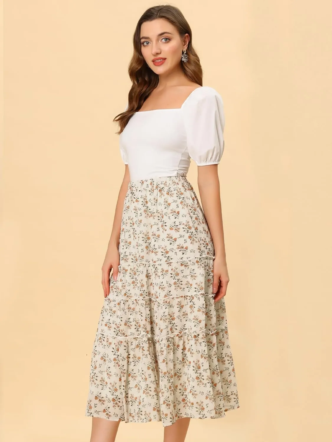 Allegra K Women's Floral Skirts Chiffon A-line Long Tiered Ruffle Boho Midi Skirt XS-3XL