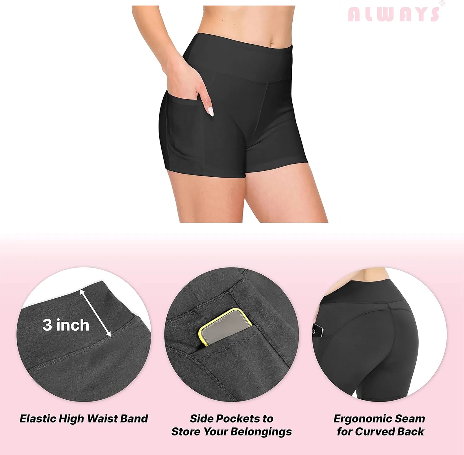 ALWAYS Women's Bike Shorts with Pockets - High Waist Compression Running Workout Athletic Yoga Shorts