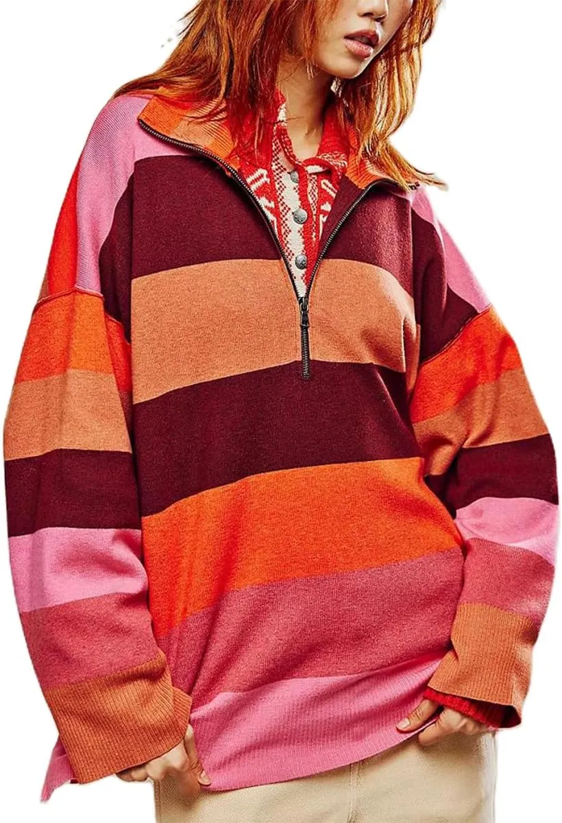 Amiblvowa Striped Half Quarter Zip Sweaters for Women Long Sleeve Drop Shoulder Pullover Oversized Sweatshirt Top Y2K Hoodie