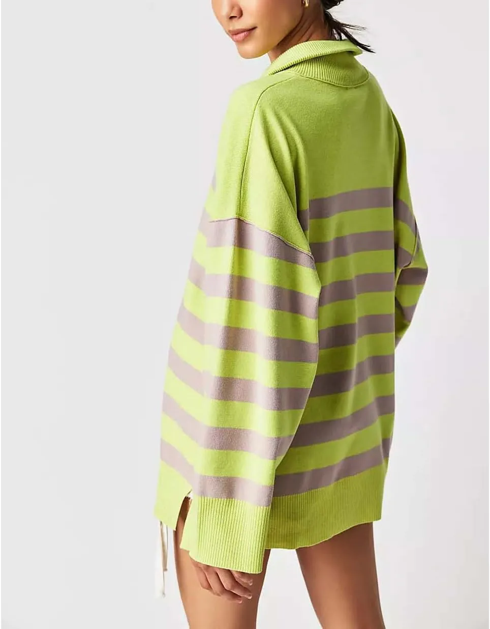 Amiblvowa Striped Half Quarter Zip Sweaters for Women Long Sleeve Drop Shoulder Pullover Oversized Sweatshirt Top Y2K Hoodie