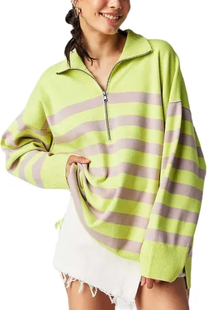 Amiblvowa Striped Half Quarter Zip Sweaters for Women Long Sleeve Drop Shoulder Pullover Oversized Sweatshirt Top Y2K Hoodie
