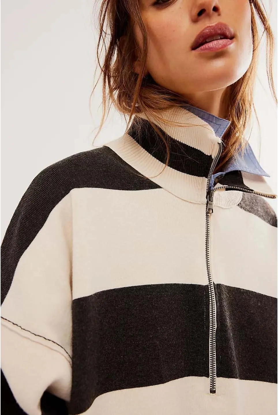 Amiblvowa Striped Half Quarter Zip Sweaters for Women Long Sleeve Drop Shoulder Pullover Oversized Sweatshirt Top Y2K Hoodie