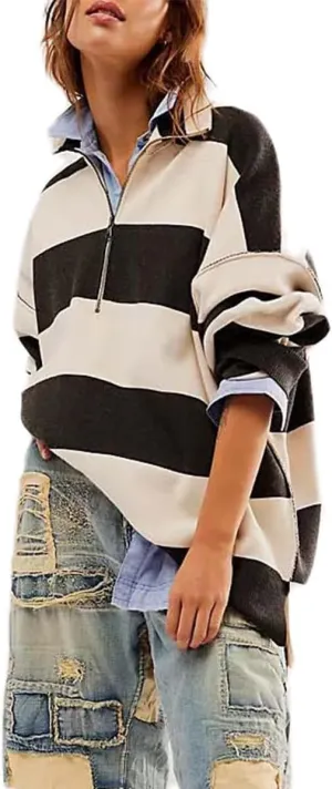 Amiblvowa Striped Half Quarter Zip Sweaters for Women Long Sleeve Drop Shoulder Pullover Oversized Sweatshirt Top Y2K Hoodie