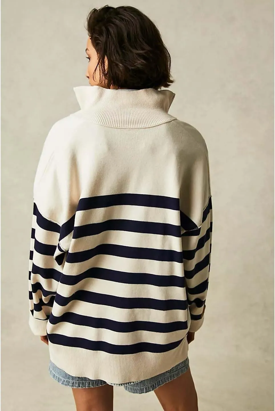 Amiblvowa Striped Half Quarter Zip Sweaters for Women Long Sleeve Drop Shoulder Pullover Oversized Sweatshirt Top Y2K Hoodie