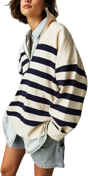 Amiblvowa Striped Half Quarter Zip Sweaters for Women Long Sleeve Drop Shoulder Pullover Oversized Sweatshirt Top Y2K Hoodie